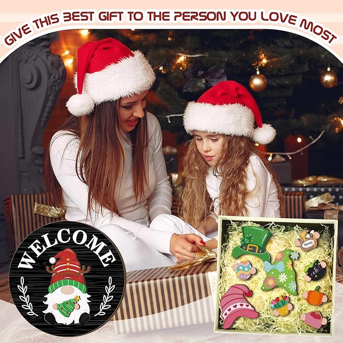 Qunclay Interchangeable Wooden Gnome Decor Holiday Seasonal Gnome Decorations with Magnet Pieces and Detachable Hats Changeable Welcome Sign for Home(Black Style)