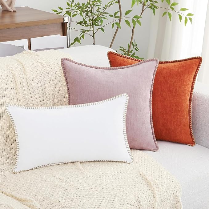 decorUhome Fall Chenille Soft Throw Pillow Covers 12x20 Set of 2, Lumbar Velvet Farmhouse Neutral Decorative Euro Pillow Covers with Stitched Edge for Couch Sofa Bed Home Decor, Rust