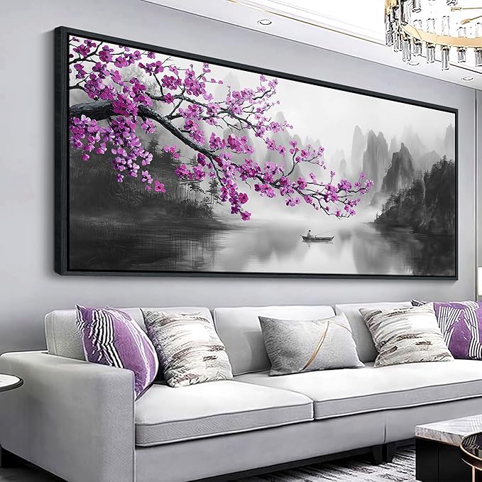 YDYSUNE Large Purple Wall Art Decor for Living Room Bedroom Framed Black and White Landscape Full Moon Purple Flower Painting Canvas Picture Plum Blossom Artwork for Home Office 70x31IN