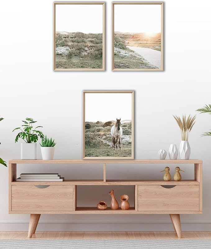 UPWOIGH Framed Wall Art, White Horse Outskirts setting sun Wood Canvas Wall Art,12"x16" Cotton Pattern Poster Wall Decor Aesthetic for Living Room Bedroom,Set of 3,Accessories