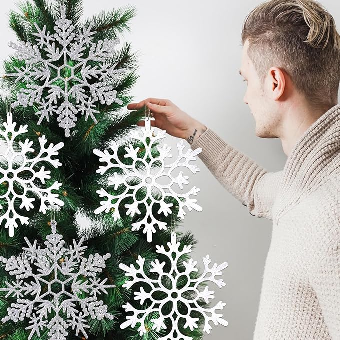12pcs Large Christmas Snowflakes Decorations, 12" Big Plastic Glitter White Sliver Snowflake Ornaments for Winter Indoor Outdoor Christmas Tree Holiday Window Room Decor Craft Snowflakes