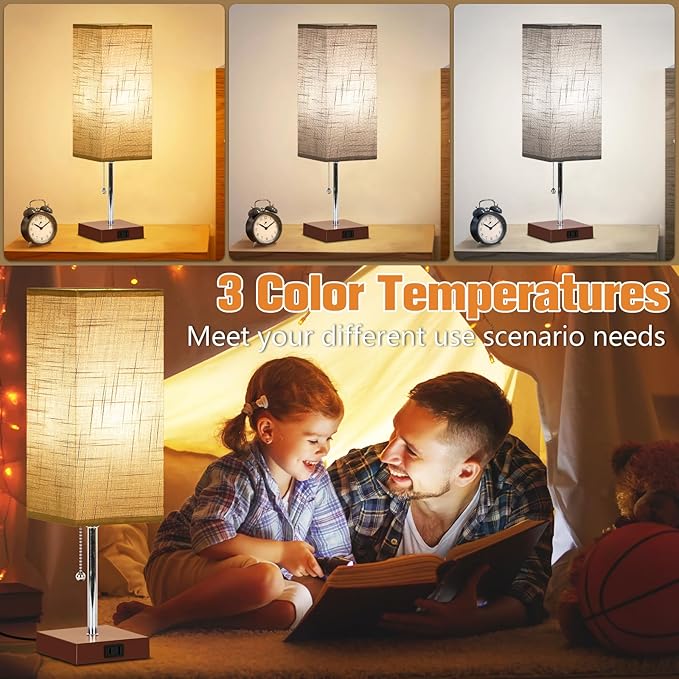 Table Lamp for Bedroom Set of 2, Bedside Lamps with 3 Color Temperatures Night Light, Lamp for Night Stands with AC Outlet and Square Shade, Pull Chain Small Desk Lamp for Living Room Home Decor