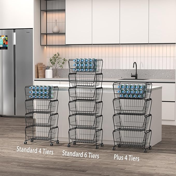 PUSDON Stackable Metal Storage Carts, Dual Use Shelf for Kitchen Fruit Vegetable Baskets with Wheels, Storage Rack for Living Room, Home & Office, Standard Black 4 Tiers