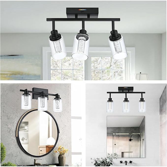 MELUCEE 3 Lights LED Track Lighting Kit Ceiling Bathroom Vanity Light Fixtures Wall Mounted Lamp Black Finished with Flexibly Rotatable Light Heads, Built-in LED Chips, 5-Color Temperature Adjustable
