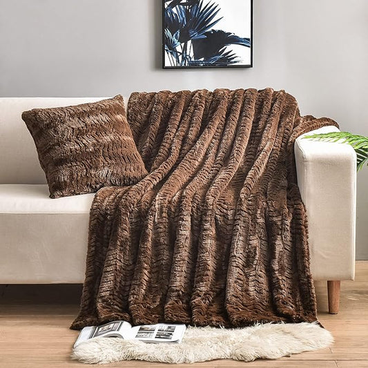 YUSOKI Luxury Faux Fur Throw Blanket(Without Pillows) 2 Layers,3lb,All Ages,Home Decoration, (Brown,50" x 63")