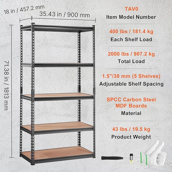 VEVOR Storage Shelving Unit, 5-Tier Adjustable, 2000 lbs Capacity, Heavy Duty Garage Shelves Metal Organizer Utility Rack, Black, 36" L x 18" W x 72" H for Kitchen Pantry Basement Bathroom Laundry