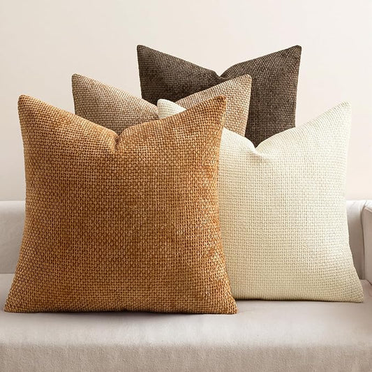 MIULEE Pack of 4 Brown Couch Throw Pillow Covers 20x20 Inch Soft Fall Decorative Chenille Pillows Farmhouse Accent Cushions for Boho Home Decor Spring Sofa Bedroom Living Room
