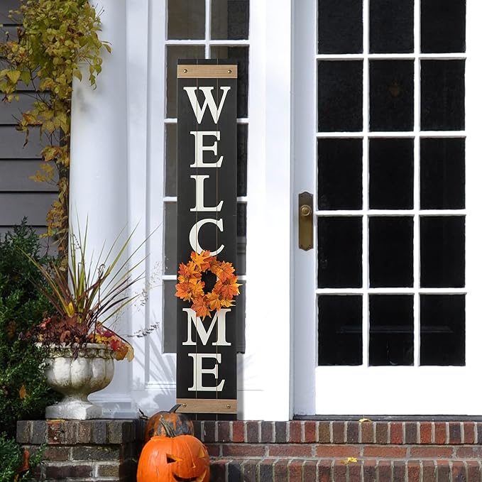 Glitzhome Welcome Sign for Front Door Porch, Farmhouse Wooden Hanging Wall Sign with 4 Interchangeable Floral Wreaths for Seasons Spring Summer Fall Harvest Thanksgiving Christmas, 60”H, Black