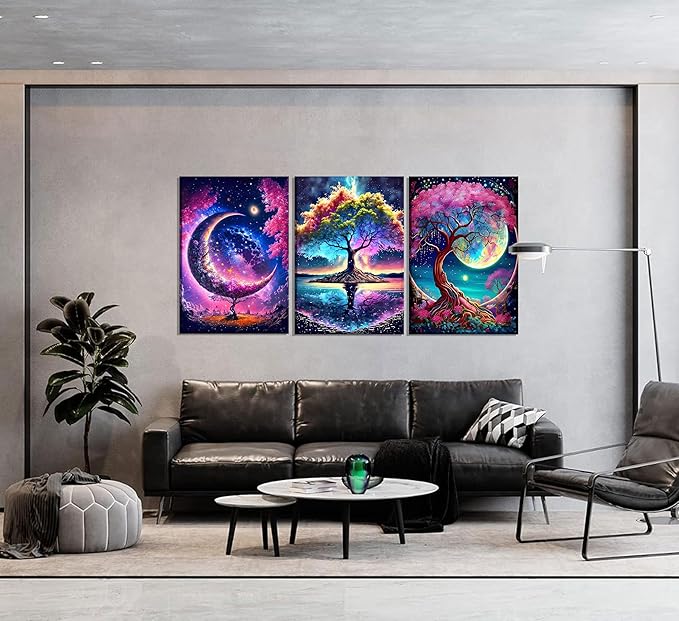 3PCS Tree of Life Wall Art Moon Canvas Poster Romantic Starry Night Pictures Fantasy Forest Paintings Tree Life Prints Visual Modern Abstract Wall Decor for Living Room Bedroom Framed