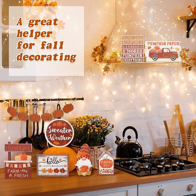 Amyhill 13 Pcs Fall Thanksgiving Tiered Tray Decor Set Pumpkin Maple Gnome Wooden Signs Hello Fall Table Centerpieces Farmhouse Tabletop Decorations for Home Autumn Harvest Shelf Table