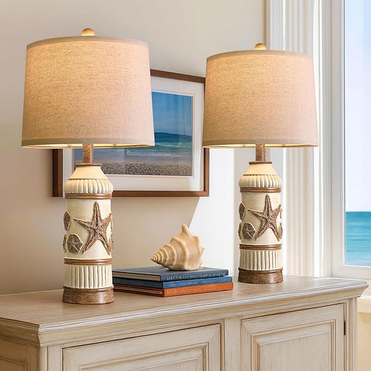 OYEARS 24" Table Lamps Set of 2,Boho Table Lamps for Living Room,Bedside Lamp for Nightstands,Coastal Nautical Lamp with Starfish Conch Pattern for Decor, End Table, Vintage Retro Beach, Off White