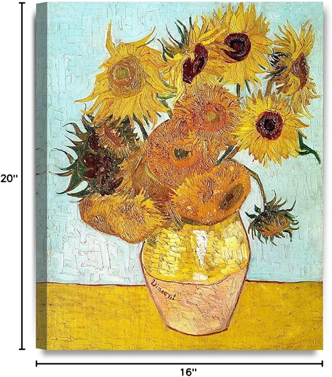 DECORARTS - Twelve Sunflowers, Vincent Van Gogh Art Reproduction. Giclee Canvas Prints Wall Art for Home Decor 20x16