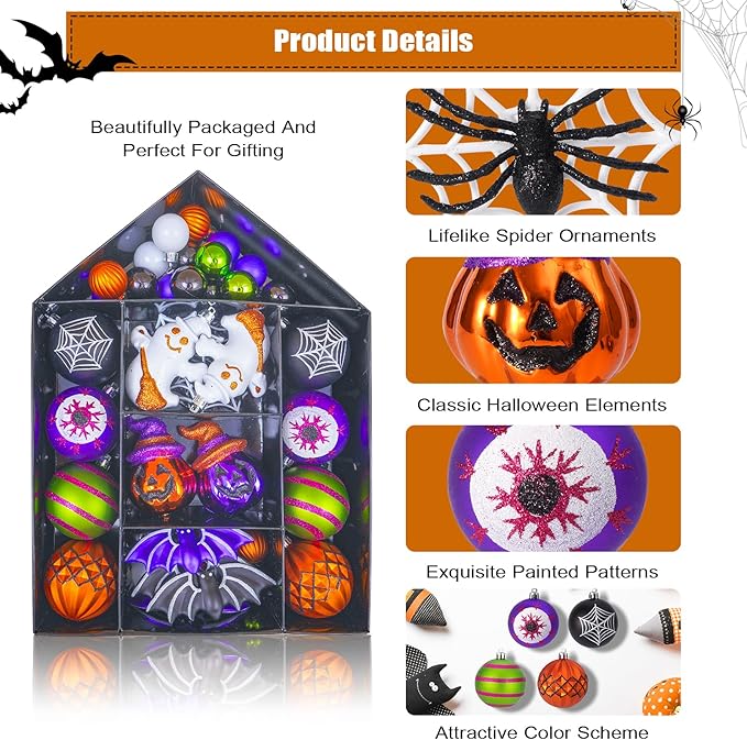 42PCS Halloween Ornaments Tree Decorations, Shatterproof Hanging Ball Set with Ghost Pumpkin Spider Bat Web Designs, Hanging Ball Ornaments for Small Halloween Tree, Holiday Party Indoor Home Decor