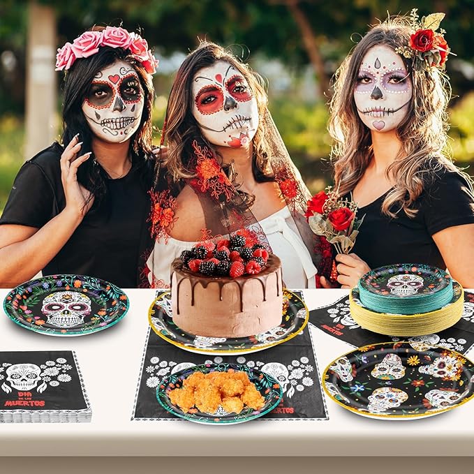 180Pcs Day of the Dead Party Supplies Paper Plates and Napkins Serve 60 Disposable Tableware Set for Birthday Party Decorations Game Day Family School Holiday Sports Events