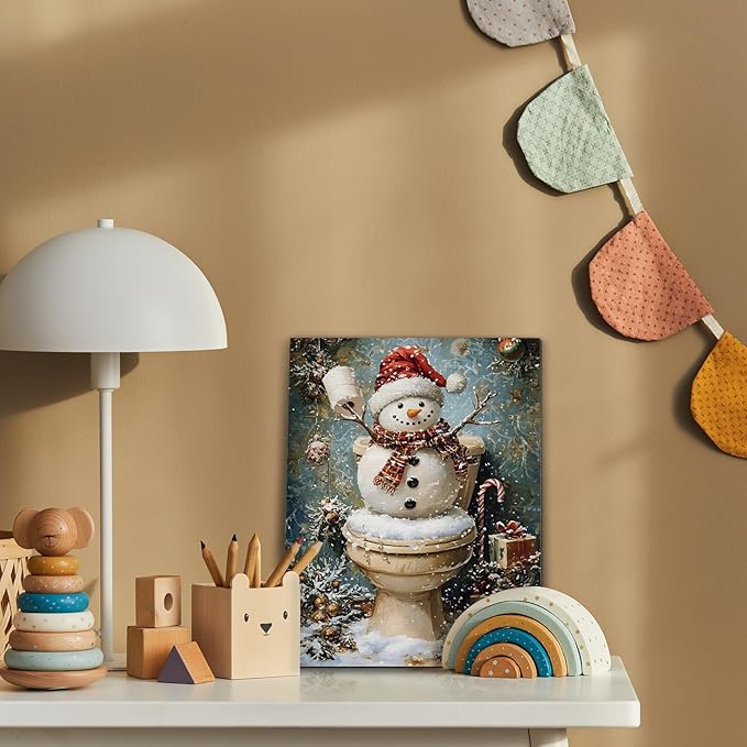 FITIE Funny Christmas Snowman Bathroom Canvas Wall Art Poster, Vintage Humor Holiday Winter Xmas Framed Artwork Prints Wall Decor for Bathroom Washroom Restroom Toilet, 11x14 Inch