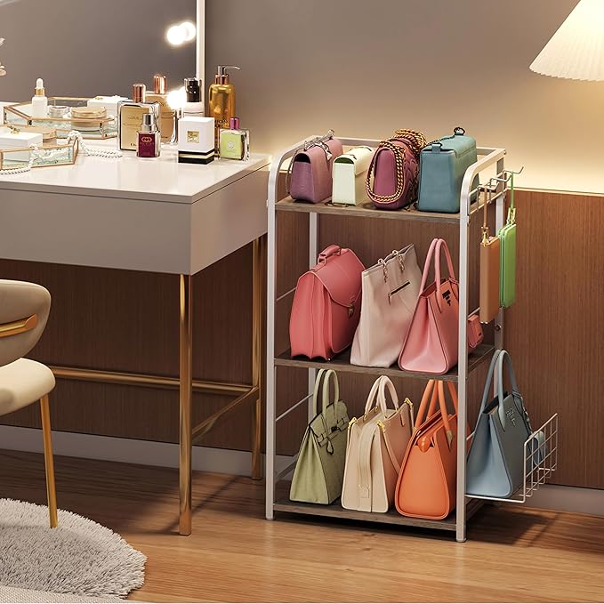 White Purse Organizer, 3-Tier Floor Standing Bag Rack Stand Featuring Side Hooks and Baskets, Adjustable Feets, High Capacity Metal & Wood Handbag Holder Design for Closet Storage, Patent Pending