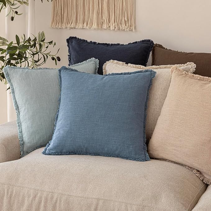 Foindtower Set of 2 Decorative Linen Fringe Throw Pillow Covers Cozy Boho Farmhouse Cushion Cover with Tassels Soft Accent Pillowcase for Couch Sofa Bed Living Room Home Decor, 16×16 Inch, Misty Blue