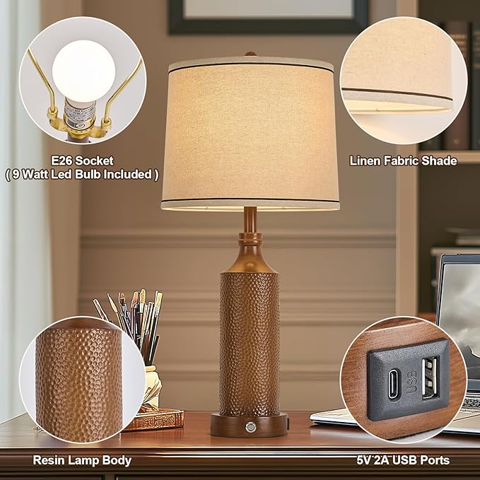 AIDENOEY 27.5" H 3-Way Dimmable Touch Control Table Lamp with USB A+C Ports, Vintage Walnut Finish Resin Bedside Farmhouse Table Lamp Set of 2,for Living Room,Bedroom,Office