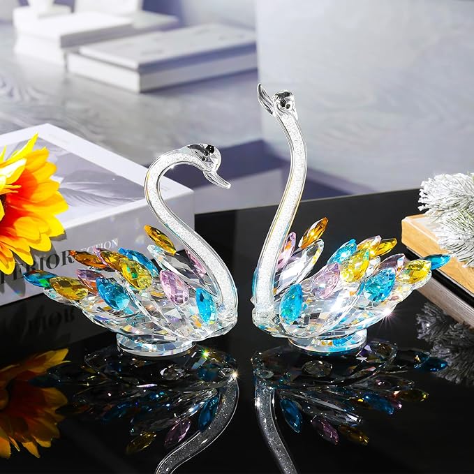 Ornalrist Set of 2 Crystal Colorful Swans Wedding Anniversary Romantic Gifts for Women, Parents - Mother's Day, Birthday Presents for Mom, Couple Swan Figurines Collectibles Home Decor