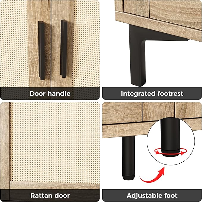 Modern Rattan Decor Sideboard - 42"W x 34.66"H x 15"D, Brown, 4 Doors, 3 Adjustable Shelves, Kitchen Buffet Cabinet, Dining Room, Living Room