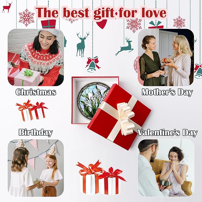 Stained Glass Window Hanging, White Green Lily of The Walley Flowers Sun Catcher for Door Home Decor Plants Suncatcher Christmas Mother's Day Birthday Gifts for Women Men Mom Nana 7.8 in