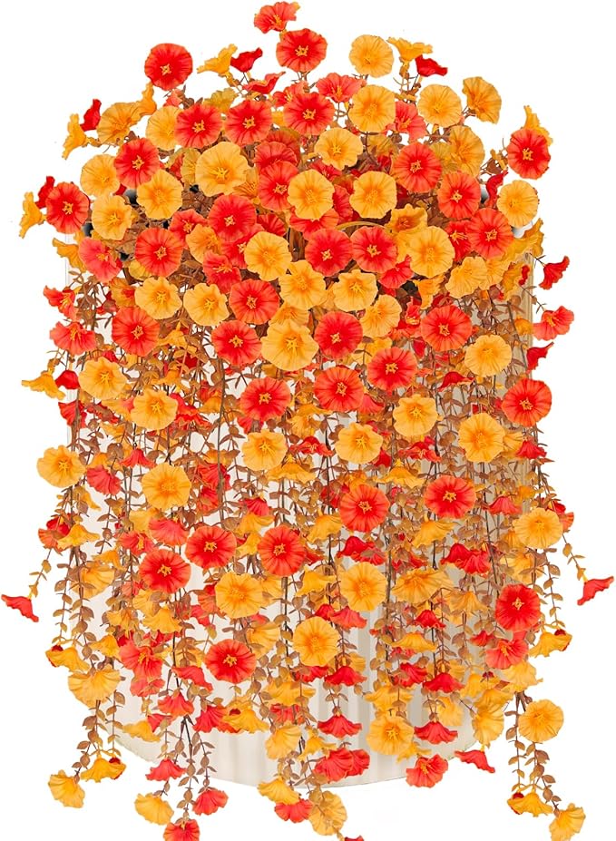 4 Pcs Artificial Hanging Flowers for Outdoor Fall Decoration, 4 Pcs UV Resistant Fake Fall Morning Glory Flowers Faux Petunias for Home Front Door Patio Decor (Orange Yellow)