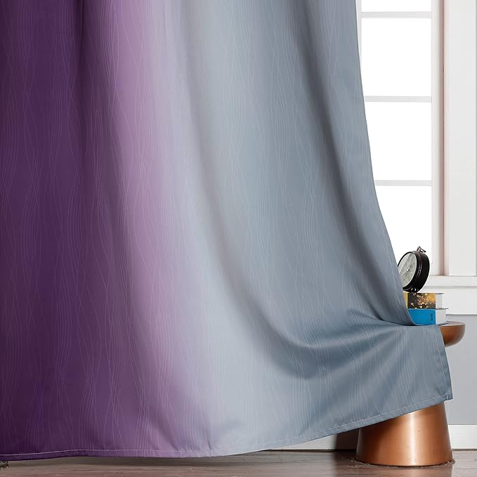 Purple and Grey Blackout Curtains 84 Inches Long,Ombre and Wavy Line Pattern 100% Blackout Curtains for Bedroom,Full Light Blocking Grommet Thermal Insulated Drapes for Kids Room, 52x84 Inch, 2 Panels