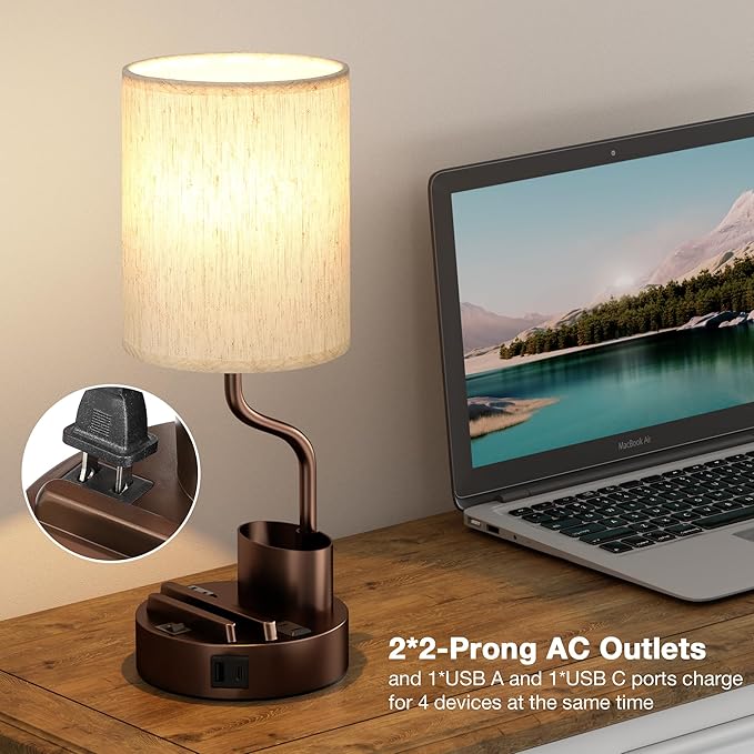 Bedside Table Lamps for Bedroom Set of 2 - Nightstand Lamp with AC Outlet Charging Port and USB A C, 3 Color Temperatures, Included Phone Holder & Pen Holder, Brown Night Stand Lamps for Guest Room