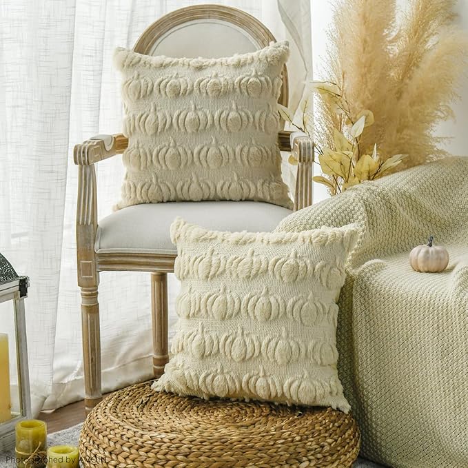 AVOIN colorlife Fall Pumpkin Beige Throw Pillow Covers, 16 x 16 Inch Seasonal Autumn Thanksgiving Harvest Decoration Soft Plush Faux Fur Jacquard Cushion Case Decoration for Sofa Couch Set of 2