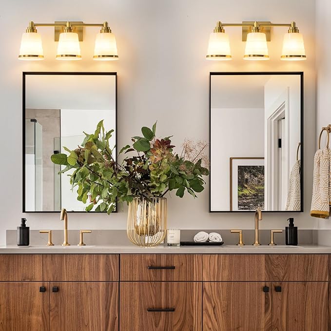 Gold Bathroom Vanity Light Fixture, 3 Light Bathroom Light Fixtures Over Mirror with Milky White Glass and Metal Base Wall Sconce, 21.3inch Modern Vanity Light for Bathroom(Exclude E26 Bulb)