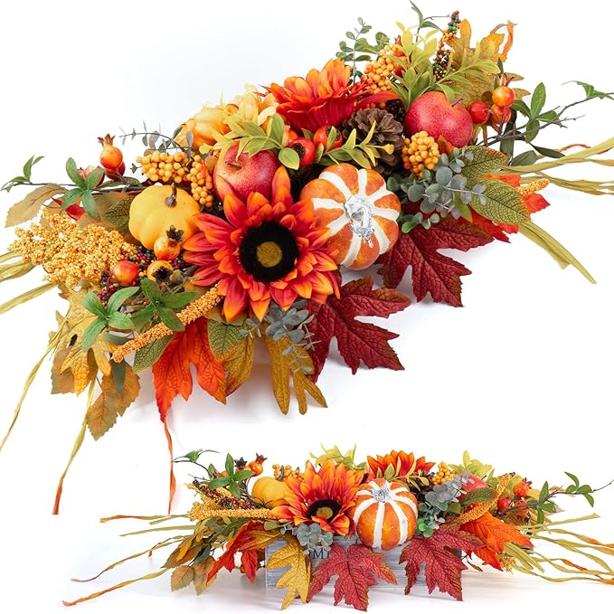 Fall Centerpieces for Tables – 28" Autumn Thanksgiving Table Decoration with Sunflowers, Pumpkins, Apples & Maple Leaves – Rustic Fall Table Decor for Home, Kitchen, Fireplace, Dining Table