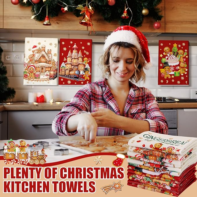 12 Pcs Christmas Kitchen Towels and Dishcloths Absorbent Christmas Tree Reindeer Truck Hand Dish Towels Decoration for Xmas Home Gift Supplies, 14.2 x 21.3 Inch(Classic Style)