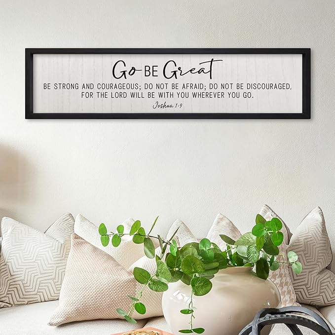 ZZJJHYWGQ Bible Verse Wall Decor Joshua 1:9 Sign 32"×8" Scripture Go Be Great Inspirational Quotes Rustic Christian Plaque Wood Framed Faith Farmhouse Catholic Living Room Wall Art Hanging (Black)