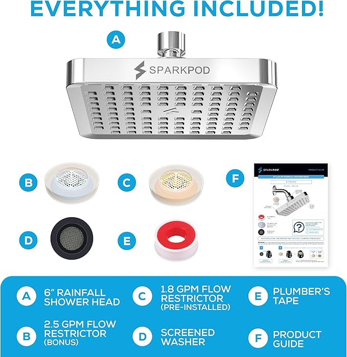 SparkPod Shower Head - High Pressure Rain - Premium Quality Luxury Design - 1-Min Install - Easy Clean Adjustable Replacement for Your Bathroom Shower Heads (Luxury Polished Chrome, 6 Inch Square)