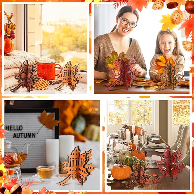 Soaoo 12 Pcs Fall Leaves Decorations Farmhouse 3D Thanksgiving Table Centerpiece Decor Wooden Maple Leaf Block Signs for Autumn Harvest Tiered Tray Party Shelf Display