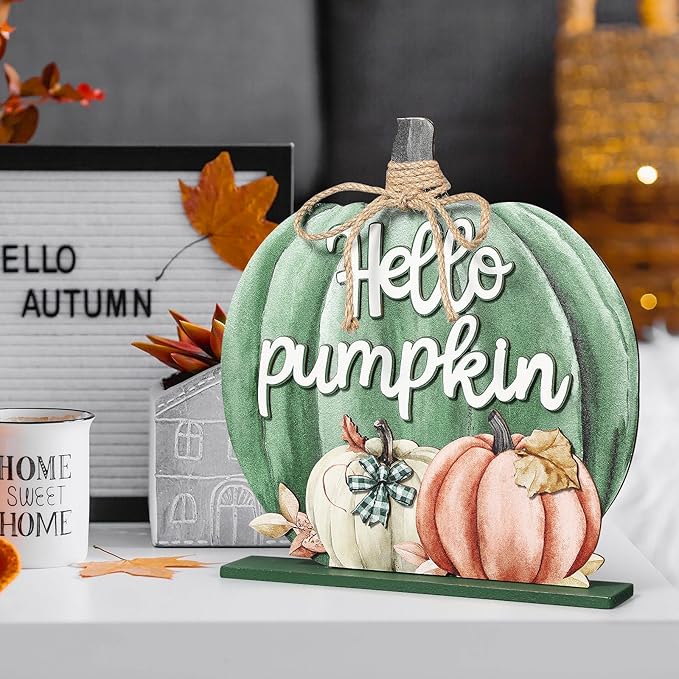 Soaoo Fall Decoration Wooden Fall Hello Pumpkin Sign Autumn Pumpkin Table Decor 11 Inch Wooden Autumn Desktop Ornament for Farmhouse Home Living Room Harvest Day Thanksgiving Decor(Green,Vivid)