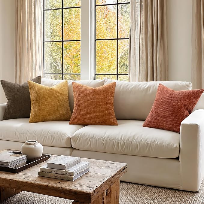 MIULEE Pack of 4 Fall Orange/Yellow Couch Throw Pillow Covers 18x18 Inch Yellow Green Soft Decorative Chenille Pillows Farmhouse Accent Cushions for Boho Home Decor Spring Sofa Bedroom Living Room