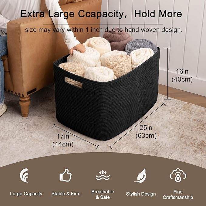 OIAHOMY 118L XXXLarge Cotton Rope Storage Basket, Oversized Blanket Basket, Used for Organizing Dirty Clothes in Living Room, Bedroom, Nursery, Dog Toy Storage Bins, 25" x 17" x 16",Black