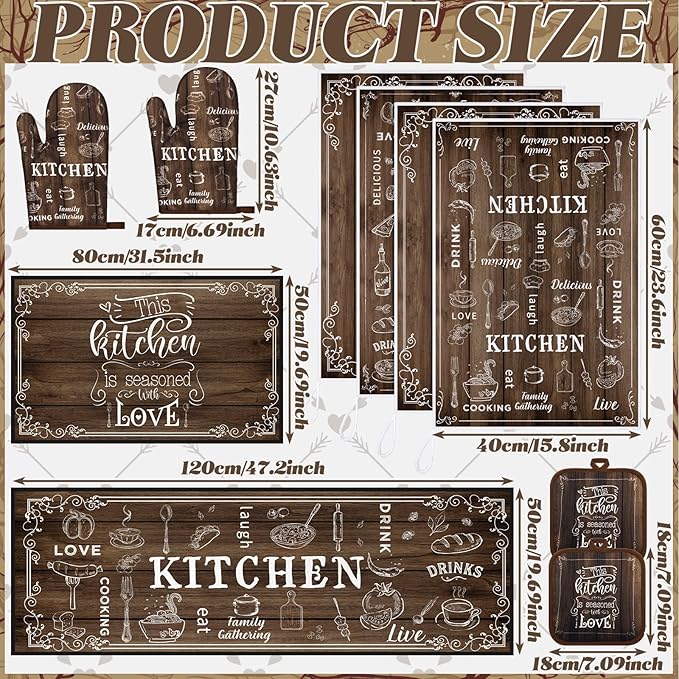 10 Pcs Farmhouse Kitchen Set, Kitchen Towels and Dishcloths Rugs Mats for Floor Oven Mitts and Pot Holders Sets Rustic Hand Towels for Home Decorations Gifts(Brown,Farmhouse)