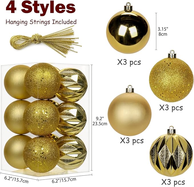 12PCS 3.15" Christmas Ball Ornaments Shatterproof Gold Christmas Tree Decorations Xmas Tree Balls Halloween Ornaments Décor