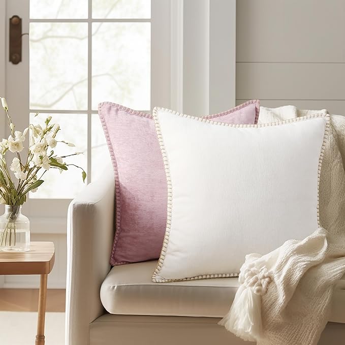 decorUhome Chenille Soft Throw Pillow Covers 12x20 Set of 2, Lumbar Velvet Farmhouse Neutral Decorative Euro Pillow Covers with Stitched Edge for Couch Sofa Bed Home Decor, Cream White