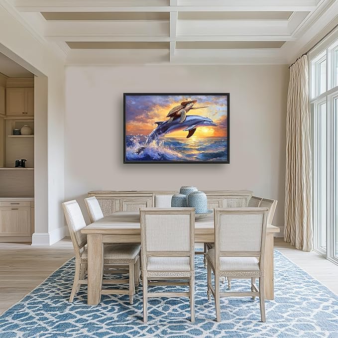 Large Funny Sea Turtle Wall Art for Living Room, Framed Oversized Ocean Dolphin Wall Decor Sunset Nautical Canvas Painting Modern Artwork Home Decoration for Bedroom Office 36"x24"