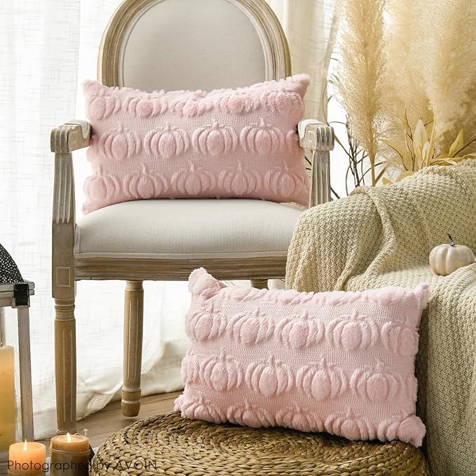 AVOIN colorlife Fall Pumpkin Pink Throw Pillow Covers, 12 x 20 Inch Seasonal Autumn Thanksgiving Harvest Decoration Soft Plush Faux Fur Jacquard Cushion Case Decoration for Sofa Couch Set of 2