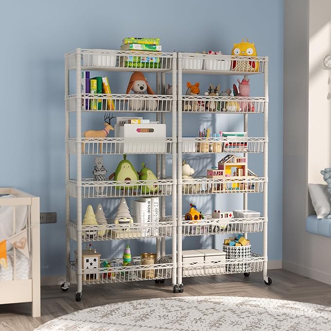 SINGAYE 6 Tier Big Basket Shelf Wire Shelving Unit Adjustable Storage Shelves Rack for Garage Kitchen Office Pantry Corner Metal with Wheels White