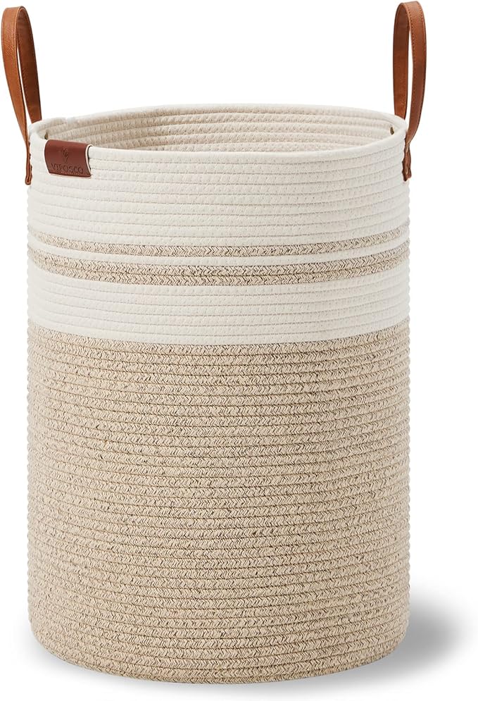 VIPOSCO Tall Laundry Basket, Large Dirty Clothes Hamper with Leather Handle, Woven Rope Storage Basket for Blanket, Toy In Living Room, Bathroom, Bedroom - 58L Brown & White