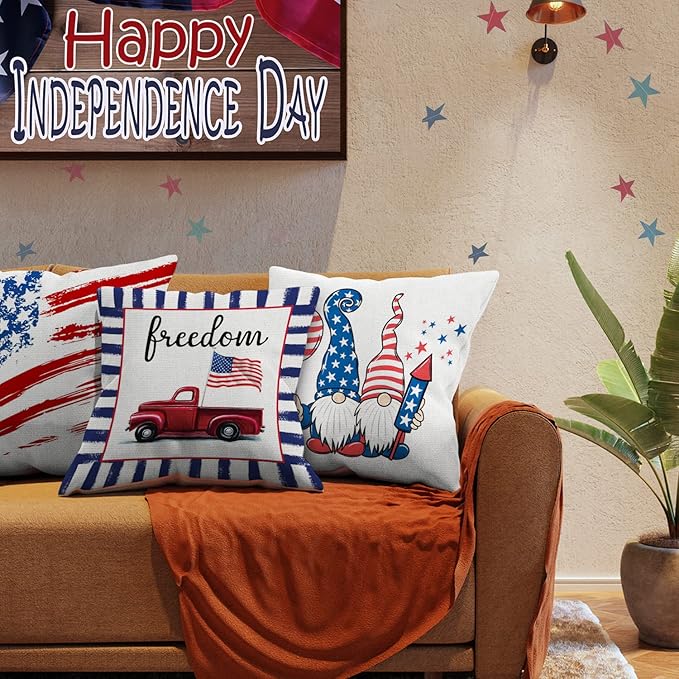 COMMINY 4th of July Pillow Covers 18x18 Set of 6 Patriotic Stripes Throw Pillow Cover American Flag Pillow Case Independence Memorial Day Decorations for Couch Home