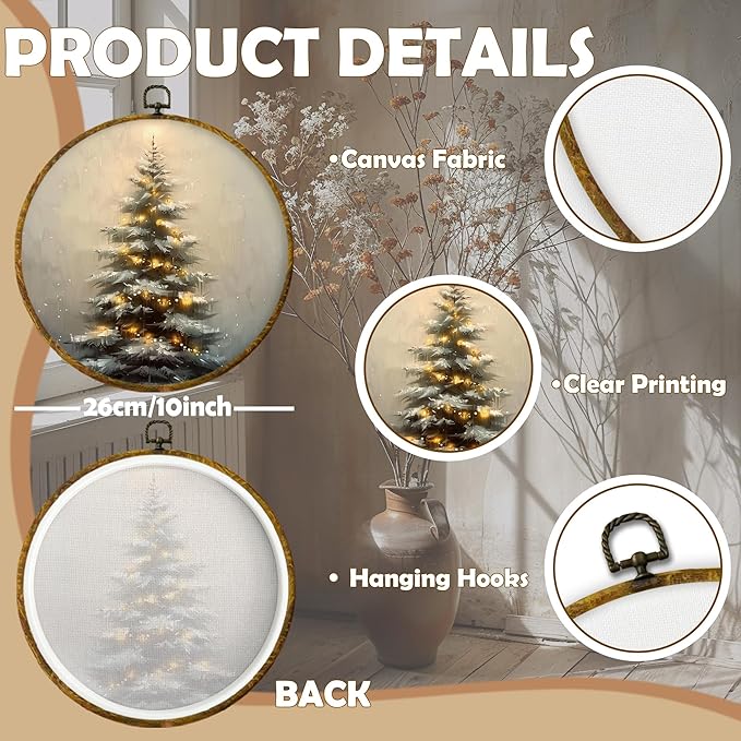 CUANFDDSF Vintage Christmas Tree Round Wall Art Decor, Rustic Cottagecore Forest Winter Xmas Tree Wall Hanging Frame Decor, Farmhouse Christmas Canvas Prints Decorations for Home Bedroom, 10x10 Inch