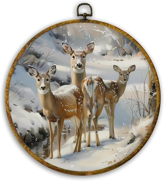 CUANFDDSF Vintage Winter Deer Round Wall Art Decor, Rustic Christmas Winter Deer Wall Hanging Frame Decor, Antique Retro Farmhouse Canvas Prints Decorations for Home Bedroom Living Room, 10x10 Inch