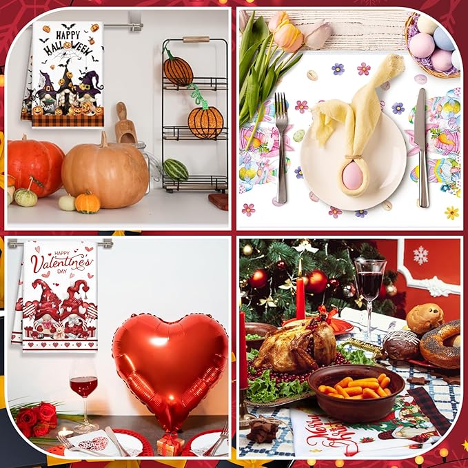 12 Pcs Seasonal Kitchen Towels Set for All Holidays Hand Dish Tea Towels Fall Halloween Christmas Cute Drying Dishcloths Decorative Absorbent Wash Cloths(Gnome Style,Bright Color)