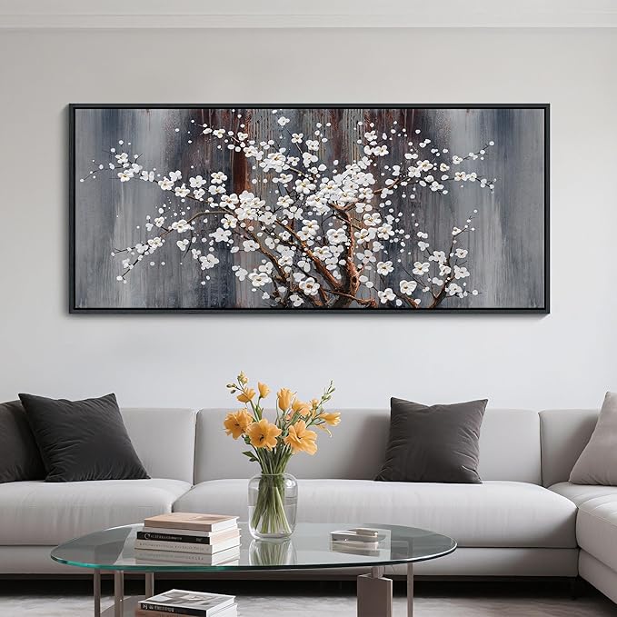 Large Plum Blossom Canvas Wall Art Brown Wall Decor Living Room Cherry Blossom Bedroom Pictures for Wall Over Bed Framed Artwork for Wall Modern Canvas Paintings for Wall Decorations 31×70